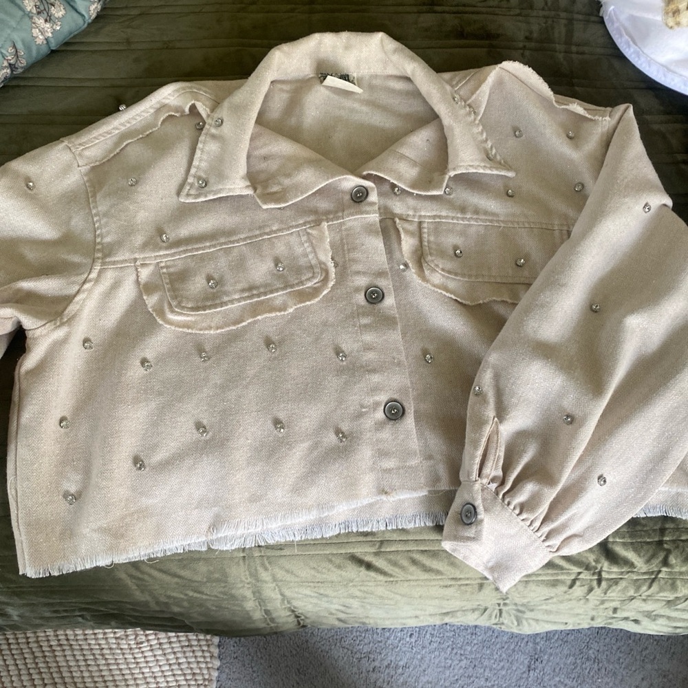 Vocal Beige Tweed Cropped Jacket with Stud Details